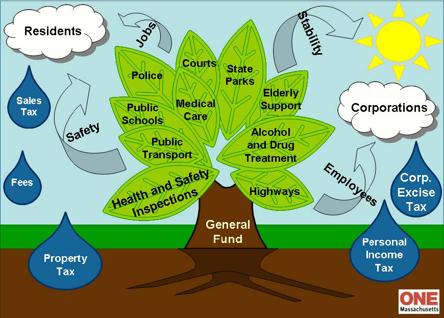 Picture the state budget like a tree. The revenue sources (taxes, fees, etc) water the budget. The budget "tree" then grows "leaves," all of our public structures (health care, safety inspections, schools and courts, etc.). Those "leaves" benefit the greater environment of our state (safety, stability, an educated workforce, etc.). The residents and businesses of our state rely on those benefits to thrive, and then contribute back to the system via the taxes and fees the started the whole system going.